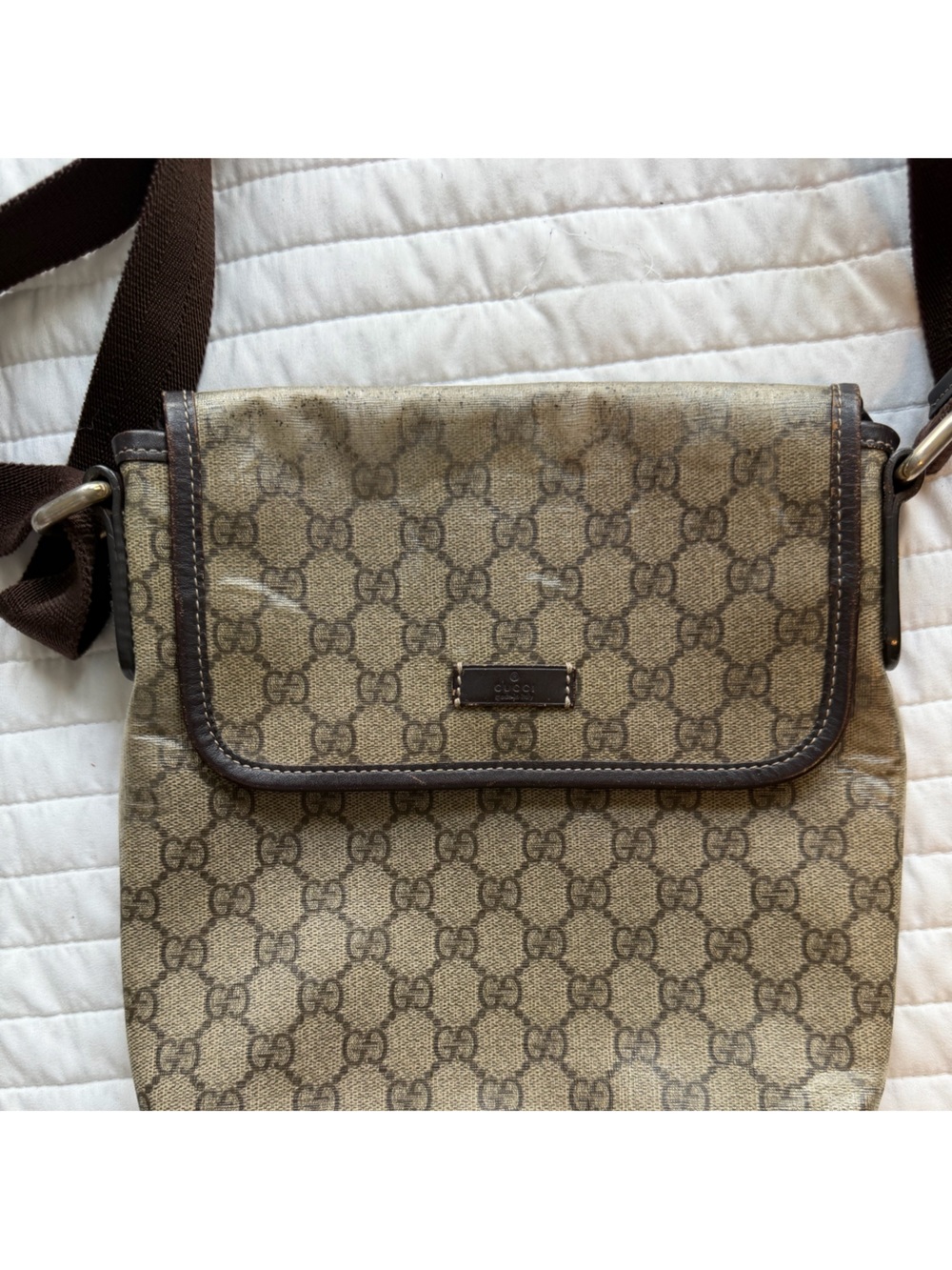 Gucci Beige Monogram Canvas Messenger Bag with Brown Trim